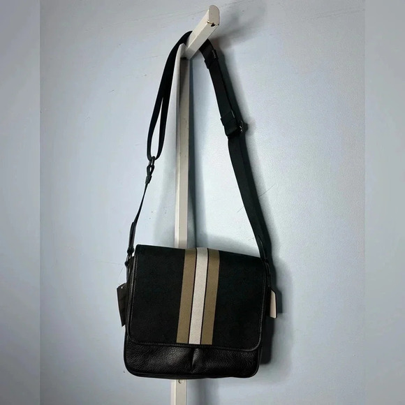 COACH NWT Thompson Crossbody Bag Jacquard  Varsity Stripe Black Leather Snap - Picture 3 of 10